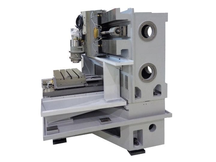 CNC machine frame with an exposed spindle, linear guides, and worktable.