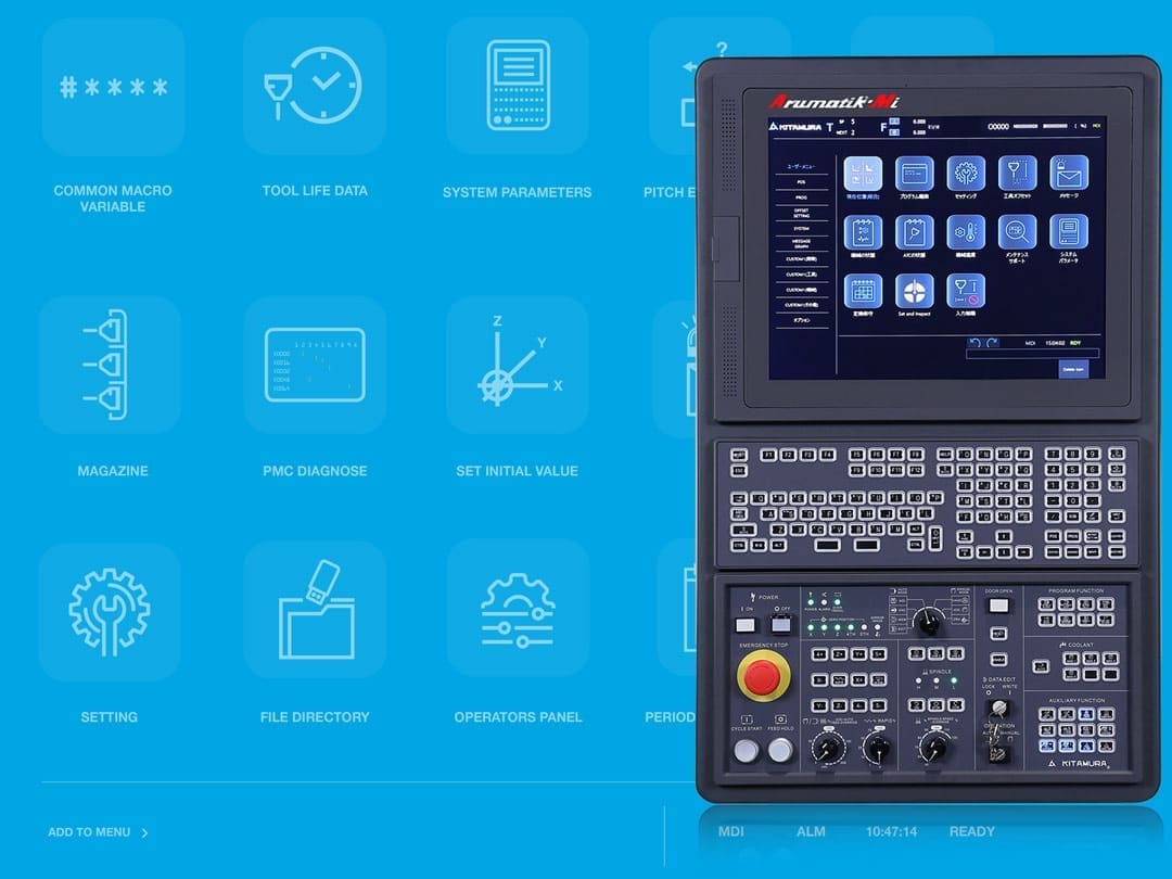 Kitamura Arumatik-Mi CNC control panel with touchscreen and keypad.