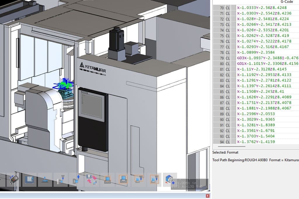 Digital rendering of a Kitamura CNC machine showing a 3D part simulation and associated G-code lines in a CAM software interface.